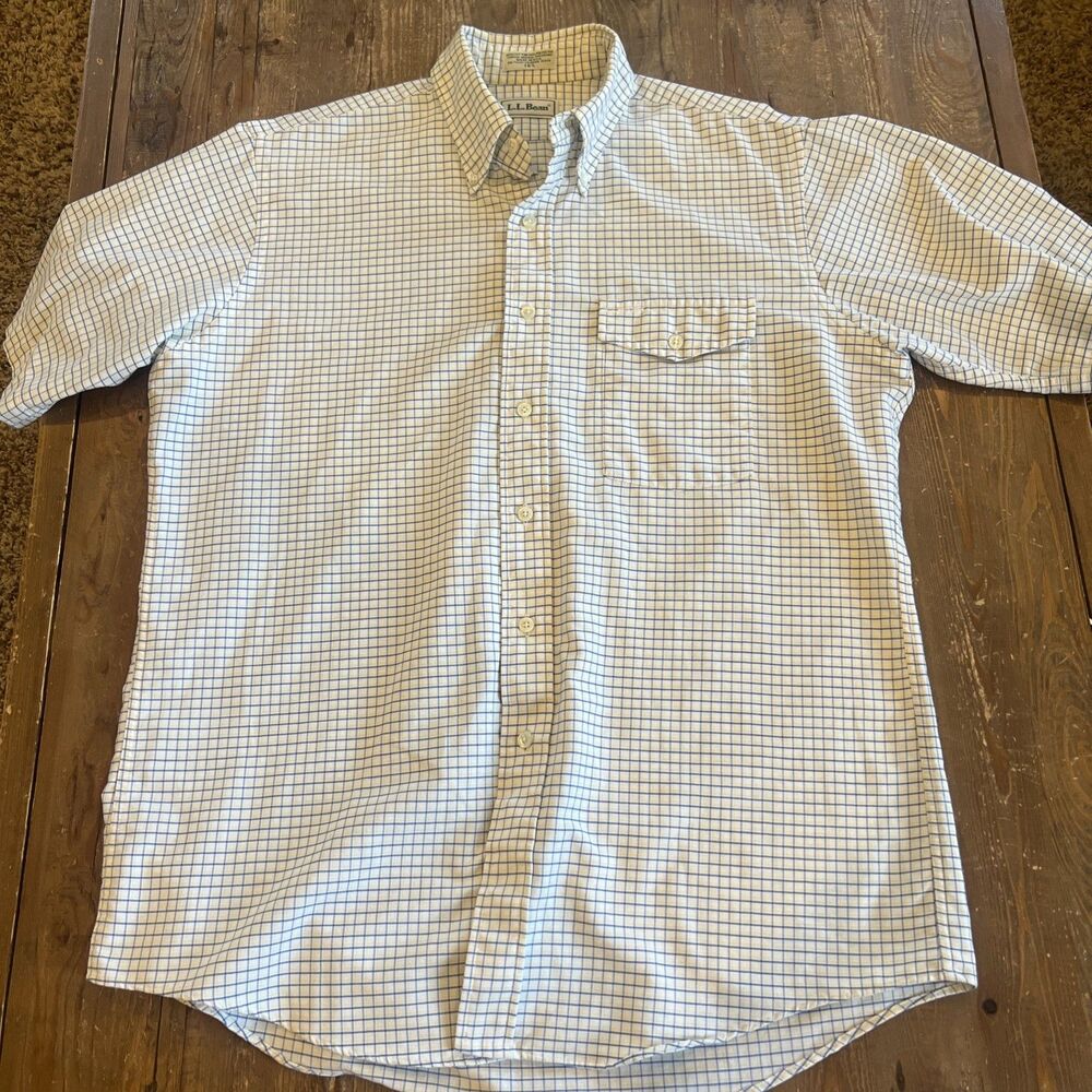 Vintage Y2K L.L. Bean Men’s 16.5 Short Sleeve Button Down Blue Check Shirt EUC